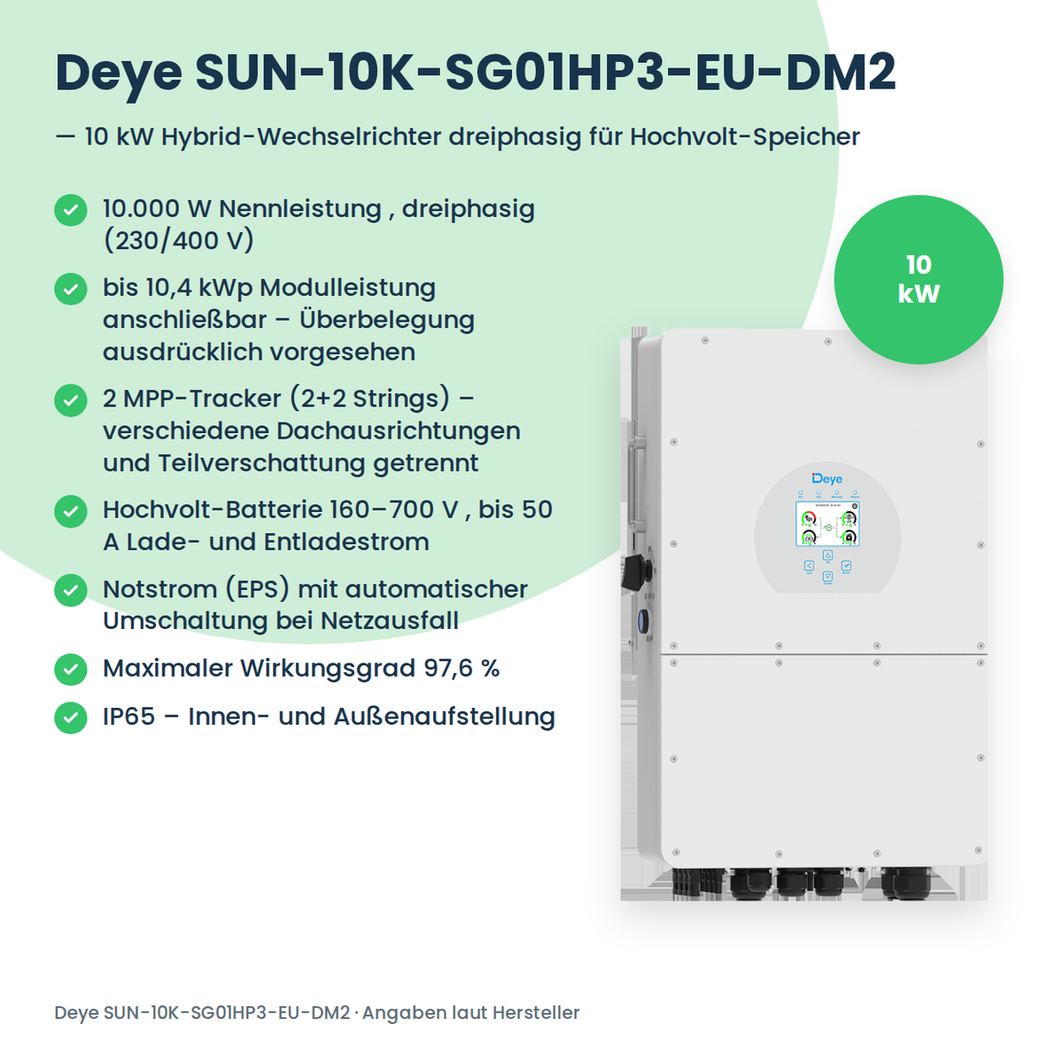 Deye SUN-10K-SG01HP3-EU-DM2 – 10 kW Hybrid-Wechselrichter dreiphasig für Hochvolt-Speicher