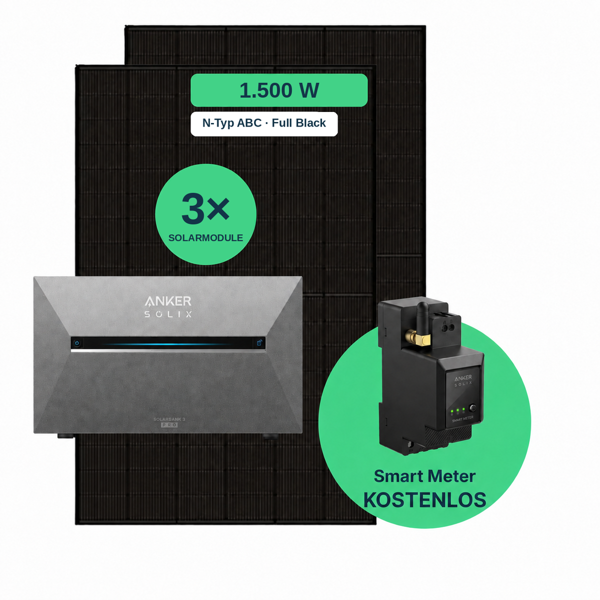 Balkonkraftwerk 1.500 W Komplettset mit 3 Solarmodulen (AIKO 500 W Full Black), Anker SOLIX Solarbank 3 Pro und gratis Smart Meter
