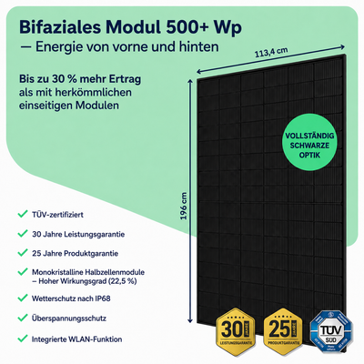 Bifaziales Solarmodul 500+ Wp in Full Black, 196 x 113,4 cm, TÜV-zertifiziert