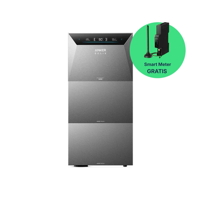 Anker SOLIX Solarbank 4 Pro mit einem aufgestapelten Erweiterungsakku und Smart Meter