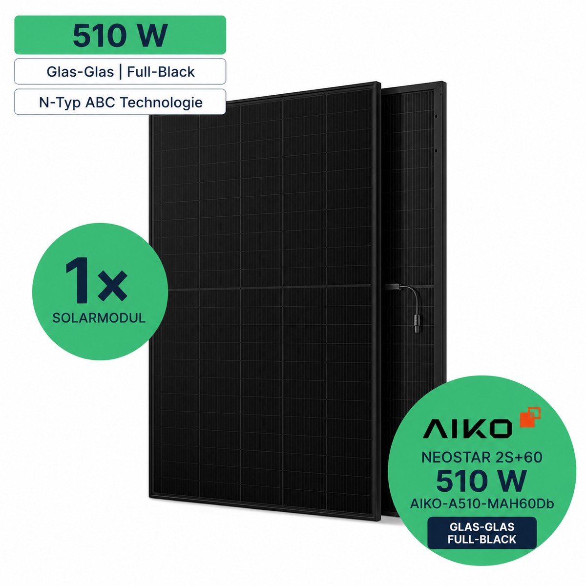 AIKO Neostar 2S+60 510 W Glas-Glas Solarmodul in Full Black – Vorder- und Seitenansicht mit Modellcode AIKO-A510-MAH60Db
