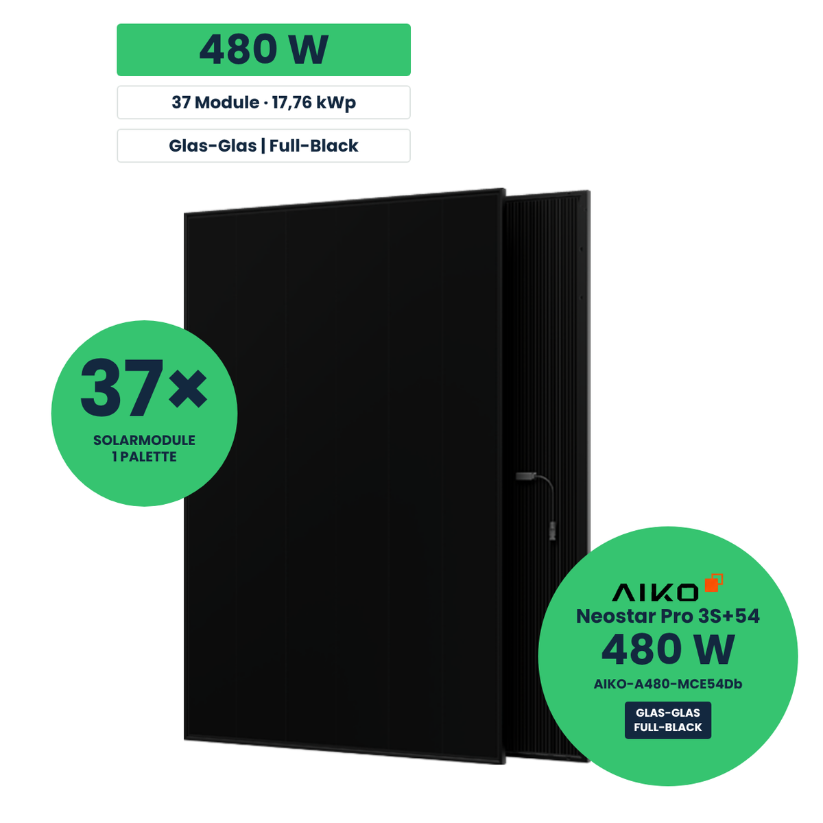 AIKO Neostar Pro 3S+54 480 W Glas-Glas Solarmodul in Full-Black-Optik – Palette mit 37 Stück