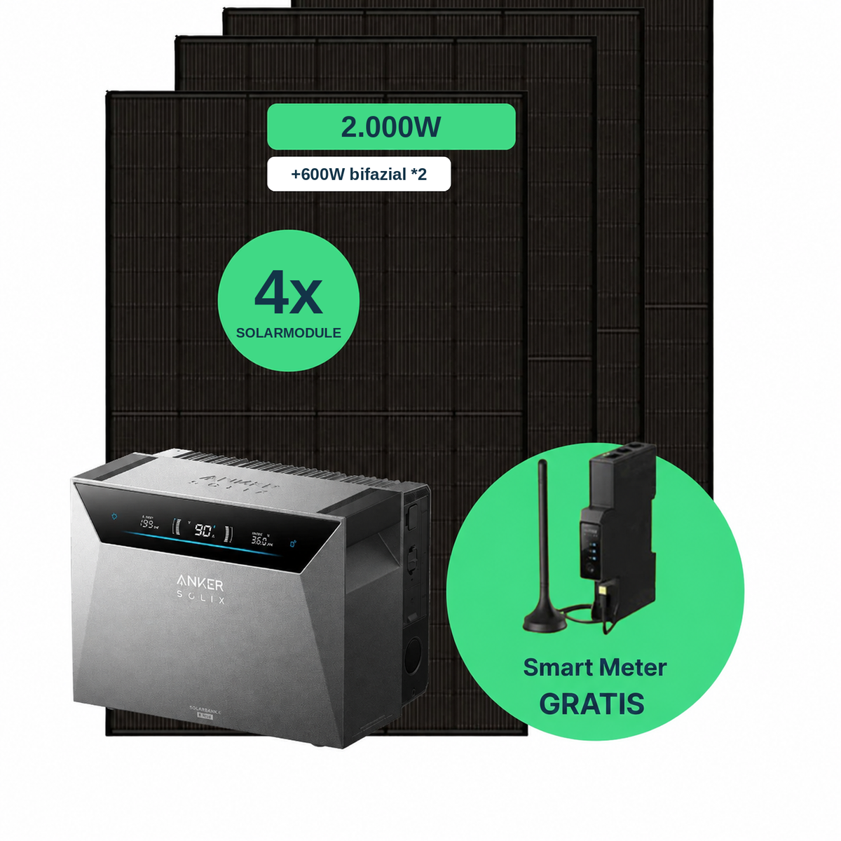 Balkonkraftwerk 2.000 W Komplettset mit 4 Solarmodulen (Jolywood 500 W bifazial), Anker SOLIX Solarbank 4 Pro und gratis Smart Meter