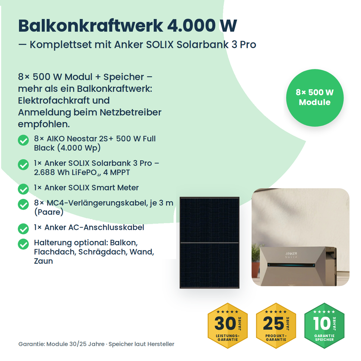 Balkonkraftwerk 4000W mit AIKO-Modulen und Solarbank 3 Pro – Lieferumfang des Komplettsets