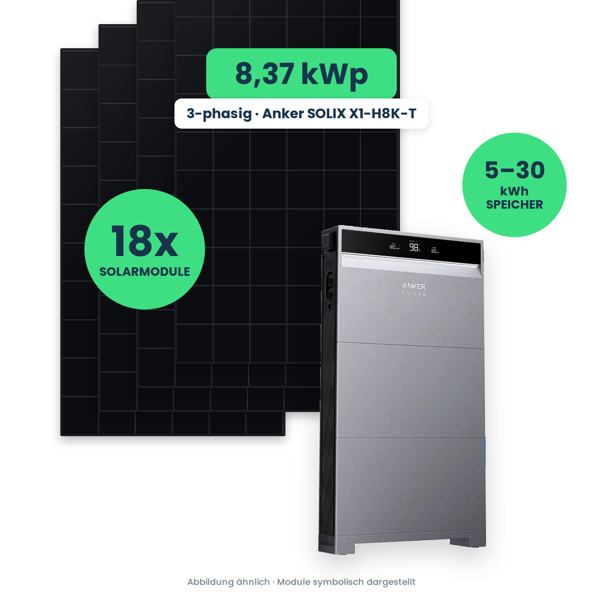 PV-Komplettset 8,37 kWp 3-ph. | 18× AIKO 465W Full Black + Anker SOLIX X1-H8K-T