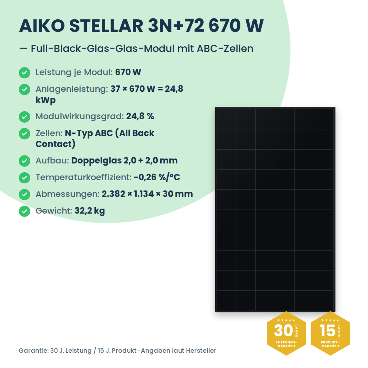 PV-Komplettset 24,8 kWp 3-ph. | 37× AIKO STELLAR 670W + Sungrow SH25T + Sungrow SBR192