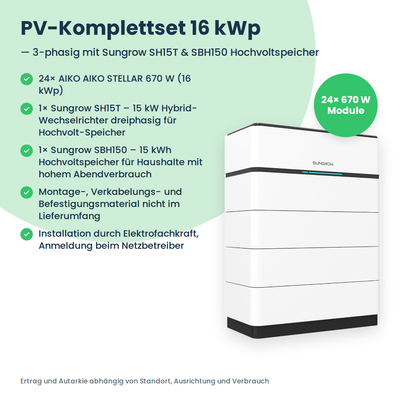 PV-Komplettset 16 kWp 3-ph. | 24× AIKO STELLAR 670W + Sungrow SH15T + Sungrow SBH150